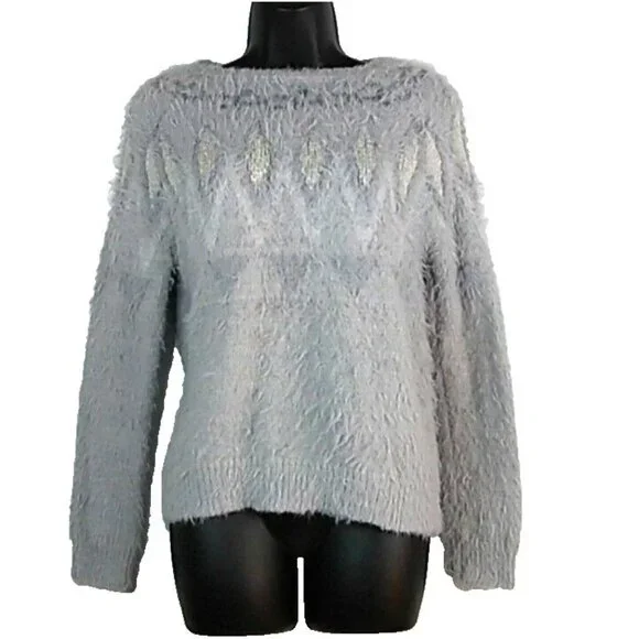 LC Lauren Conrad Women's Sweater Gray Purple Sz S Fair Isle Boat Neck Soft Cozy - Picture 2 of 11